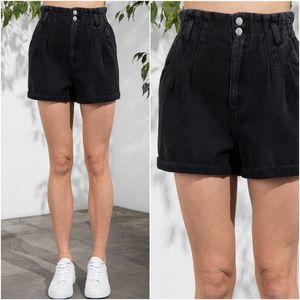 Aaron & Amber Washed Black Denim High Waisted Paperbag Shorts